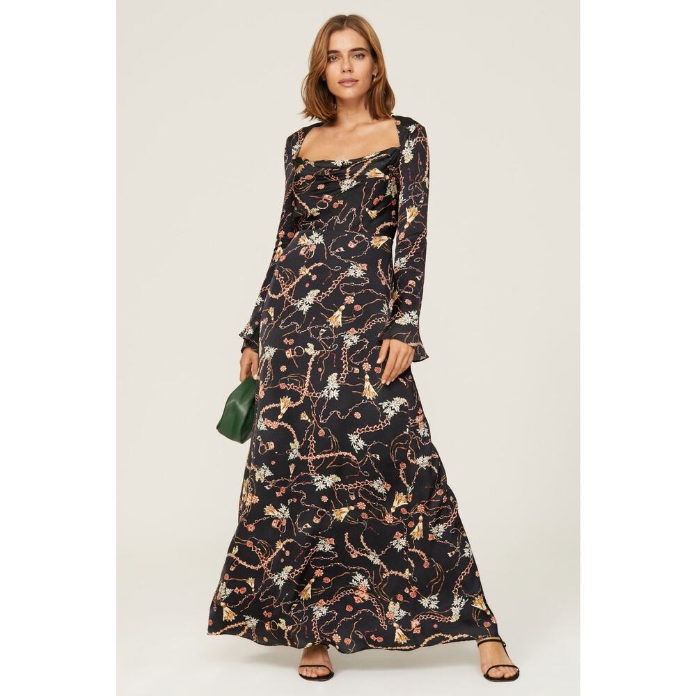 FAME & PARTNERS Black Gold Tassels Chains Print Bell Sleeved Ceramic Gown US 12